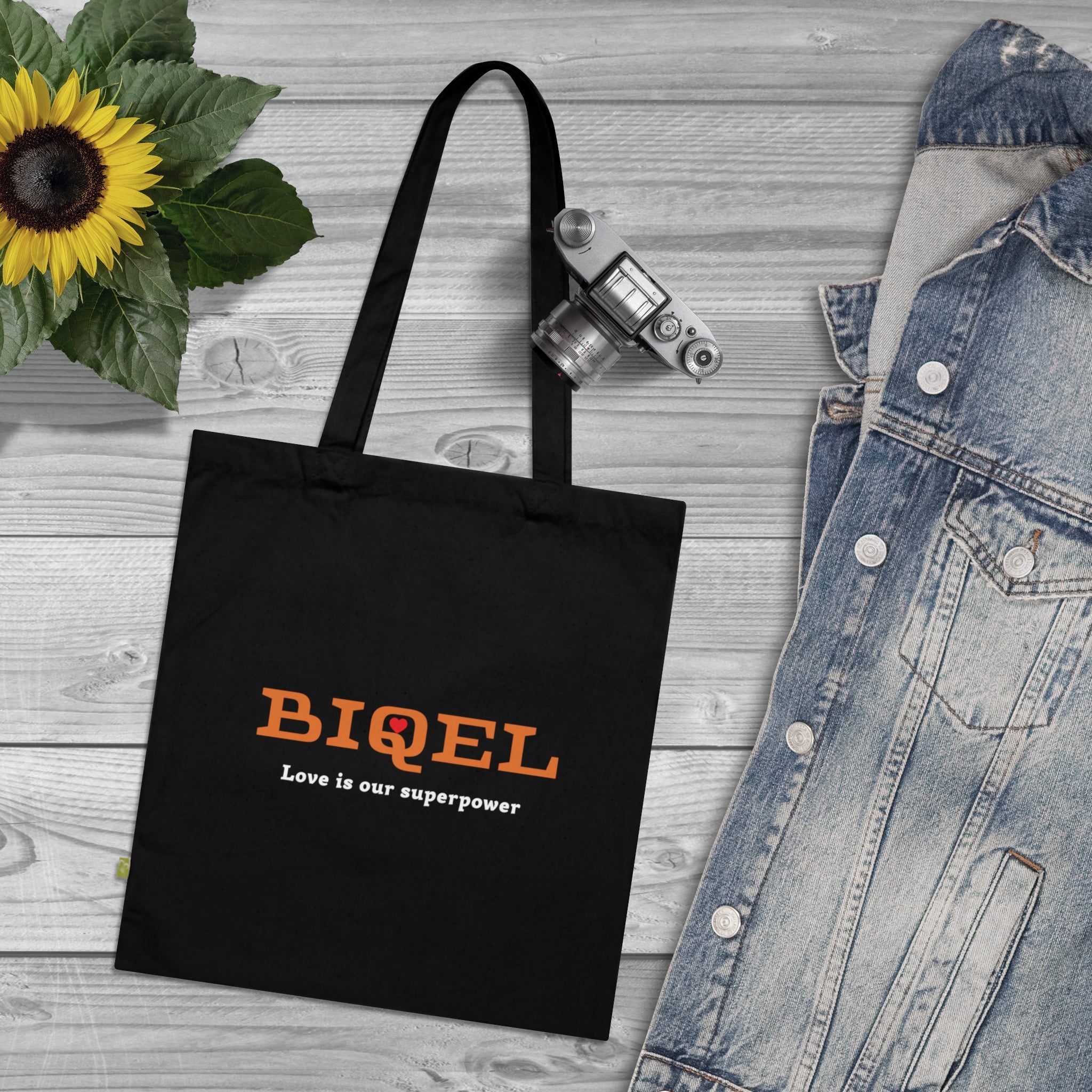 BIQEL Organic Cotton Tote Bag — "Love is Our Superpower" Navy Reusable Market Bag