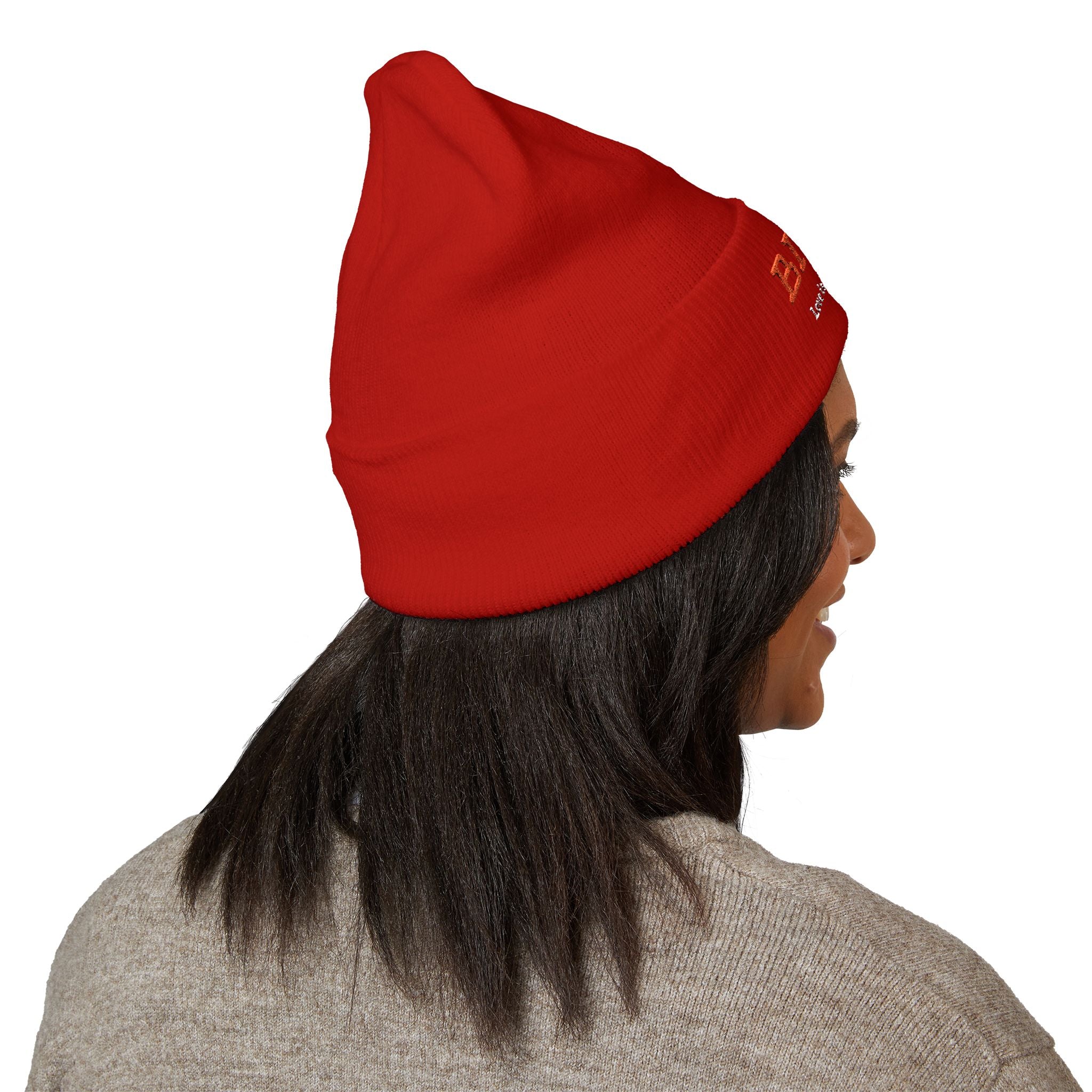 Embroidered "BIQEL" Cuffed Beanie – "Love Is Our Superpower" Winter Knit Hat