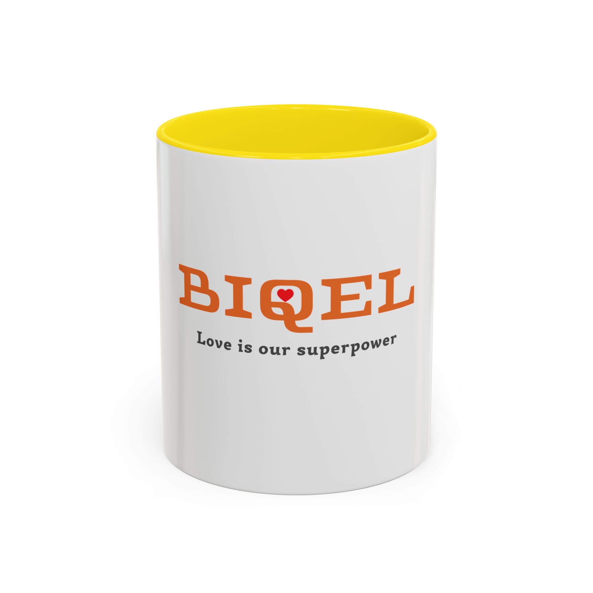 BIQEL Accent Coffee Mug – "Love is our superpower" Inspirational Coffee Cup