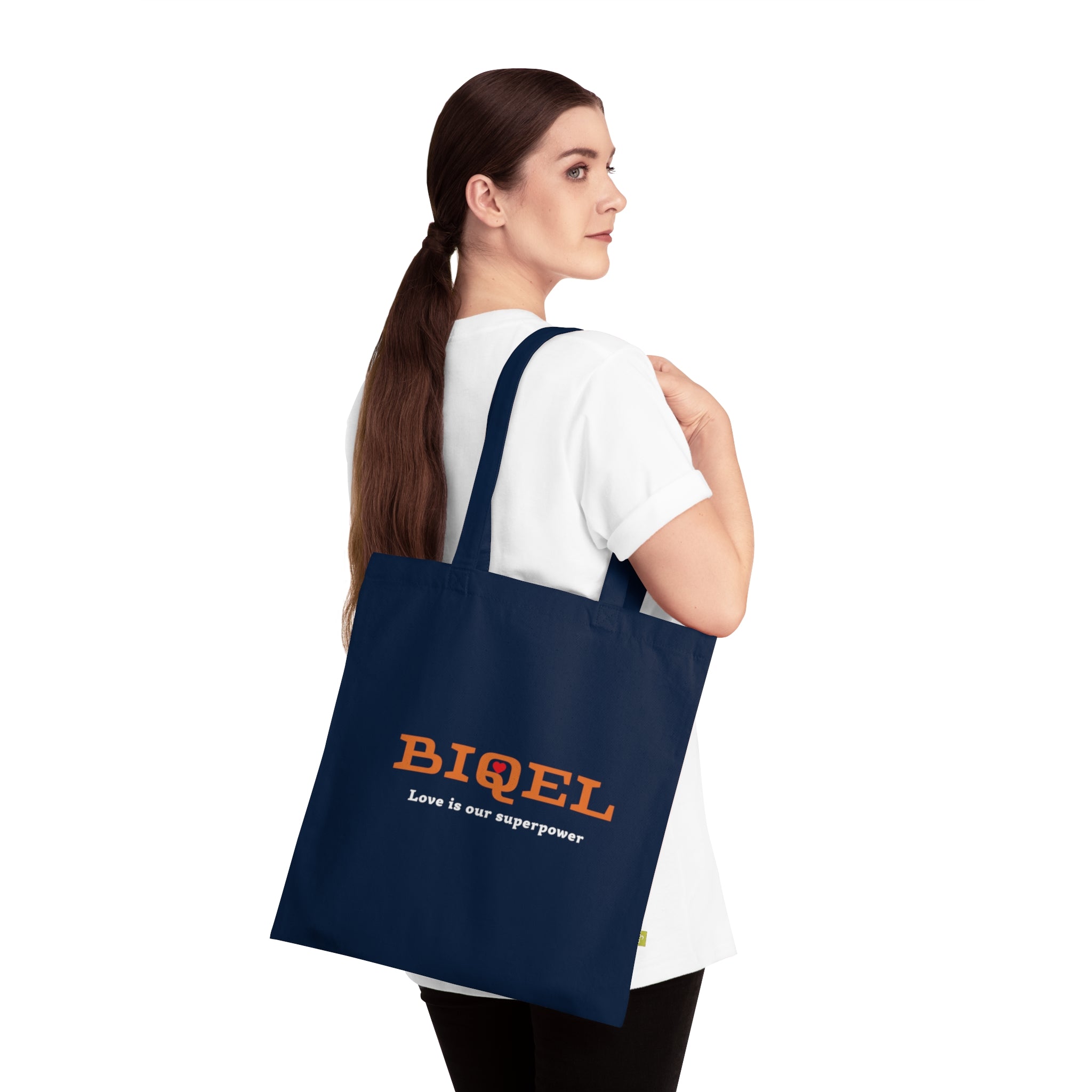 BIQEL Organic Cotton Tote Bag — "Love is Our Superpower" Navy Reusable Market Bag