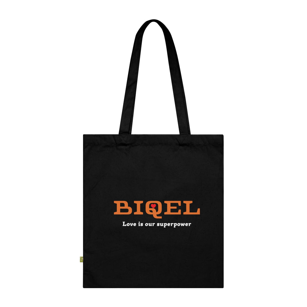 BIQEL Organic Cotton Tote Bag — "Love is Our Superpower" Navy Reusable Market Bag