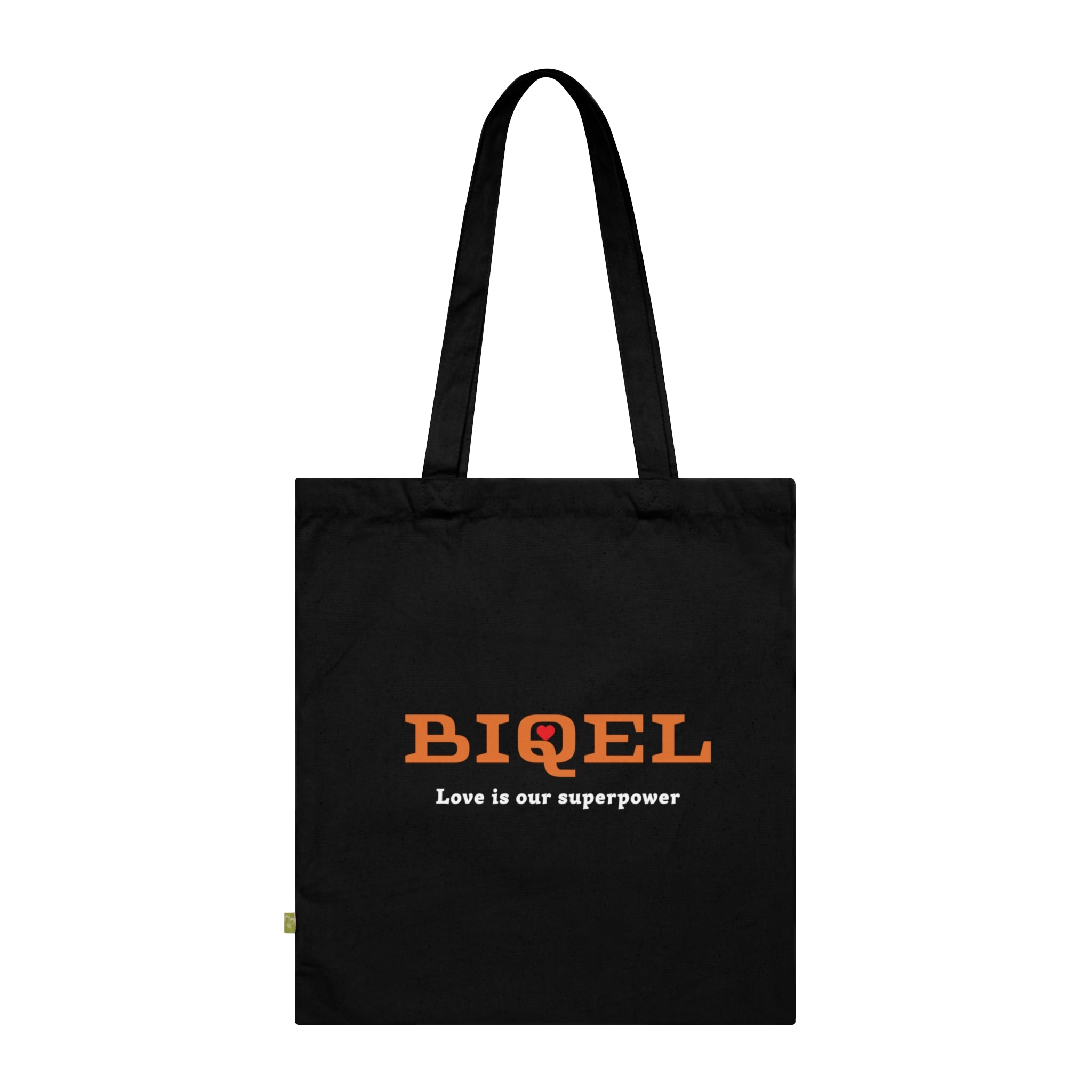 BIQEL Organic Cotton Tote Bag — "Love is Our Superpower" Navy Reusable Market Bag
