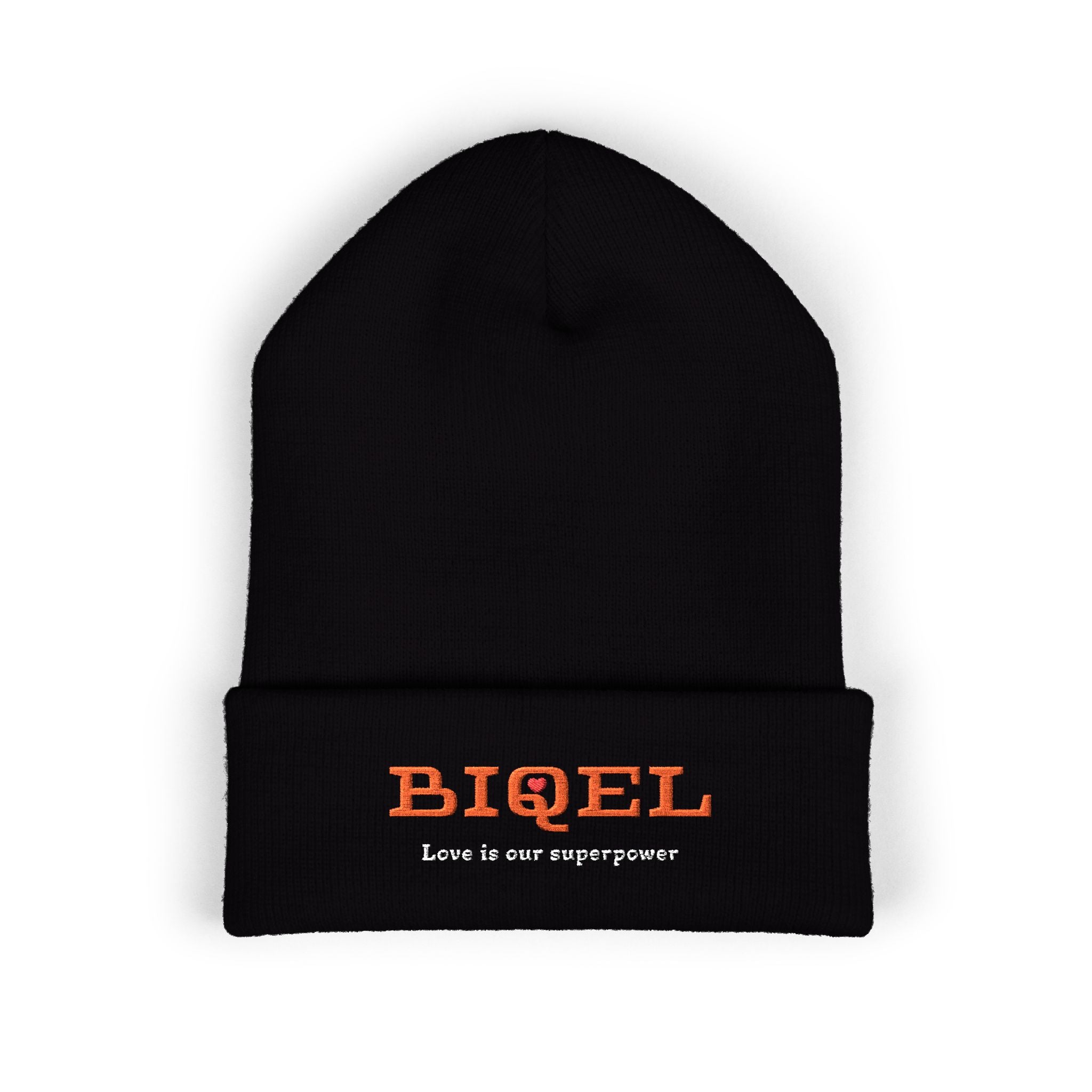 Embroidered "BIQEL" Cuffed Beanie – "Love Is Our Superpower" Winter Knit Hat