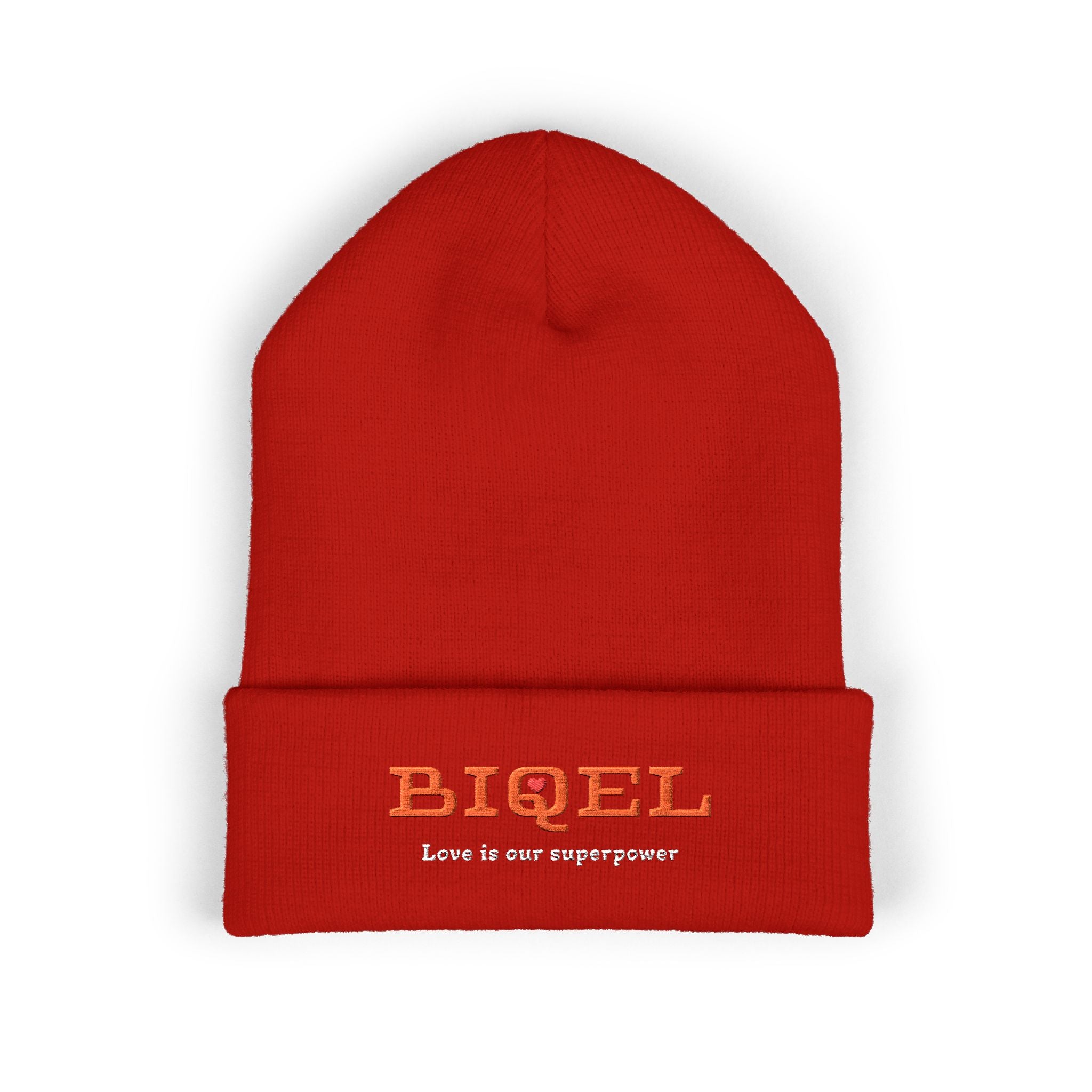 Embroidered "BIQEL" Cuffed Beanie – "Love Is Our Superpower" Winter Knit Hat