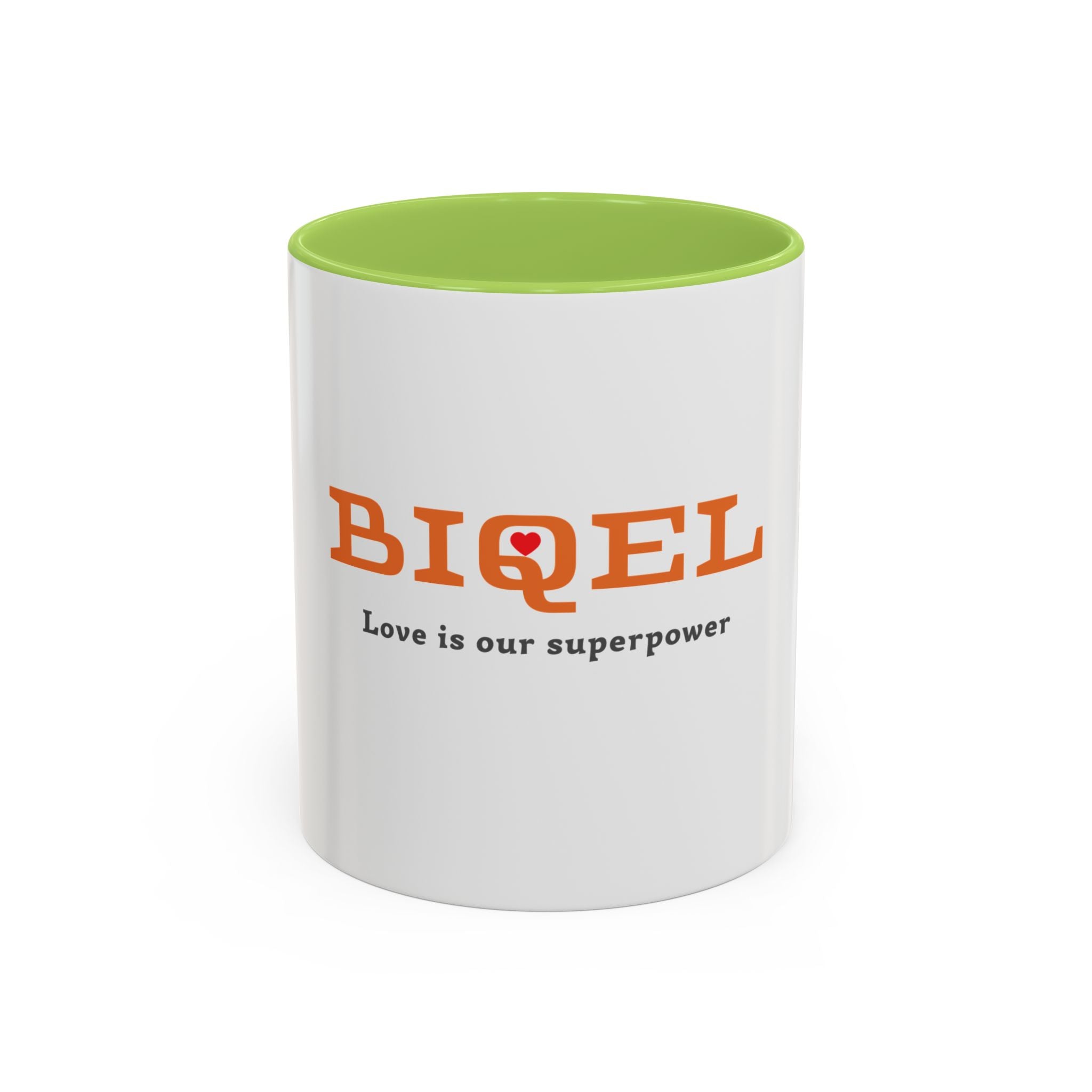 BIQEL Accent Coffee Mug – "Love is our superpower" Inspirational Coffee Cup