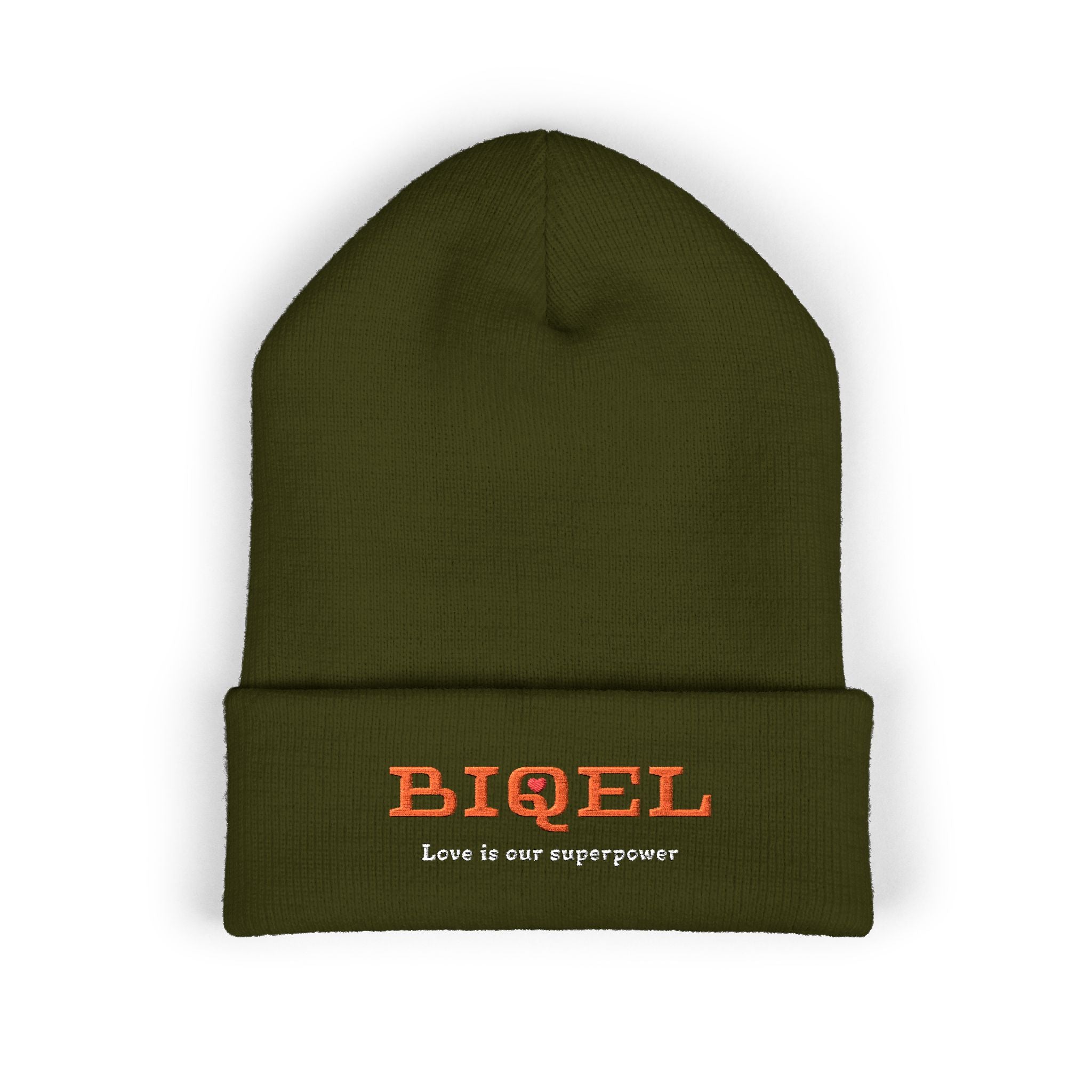 Embroidered "BIQEL" Cuffed Beanie – "Love Is Our Superpower" Winter Knit Hat