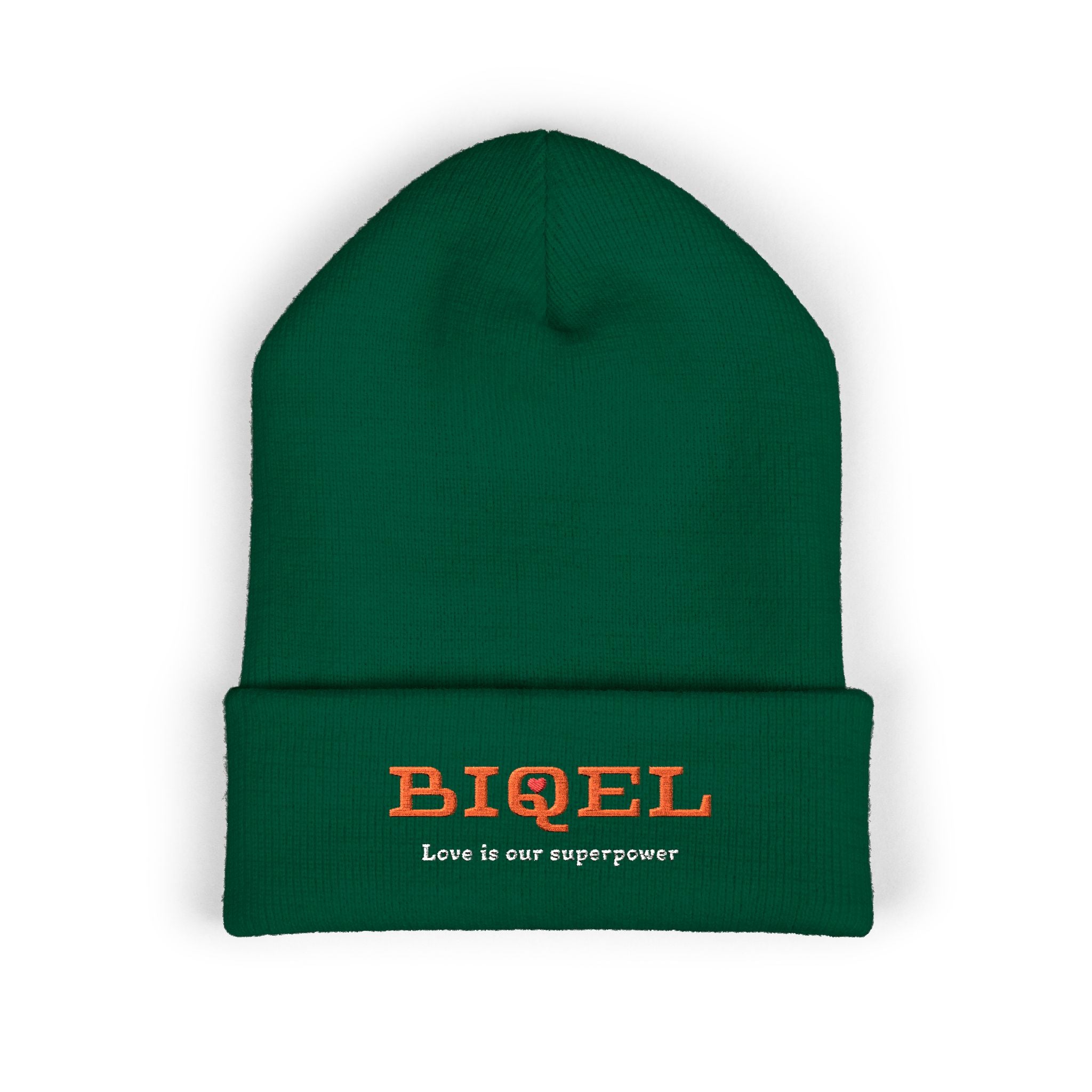 Embroidered "BIQEL" Cuffed Beanie – "Love Is Our Superpower" Winter Knit Hat