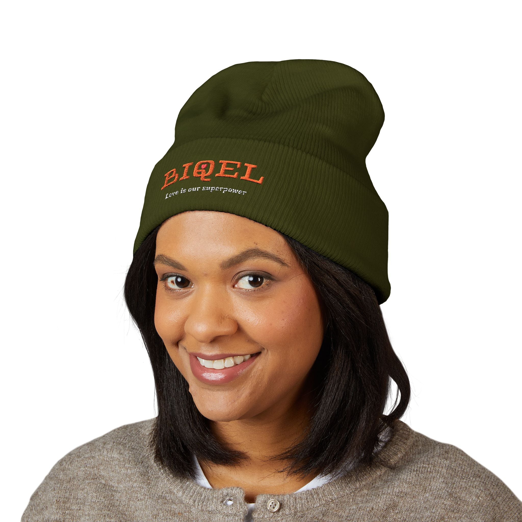 Embroidered "BIQEL" Cuffed Beanie – "Love Is Our Superpower" Winter Knit Hat