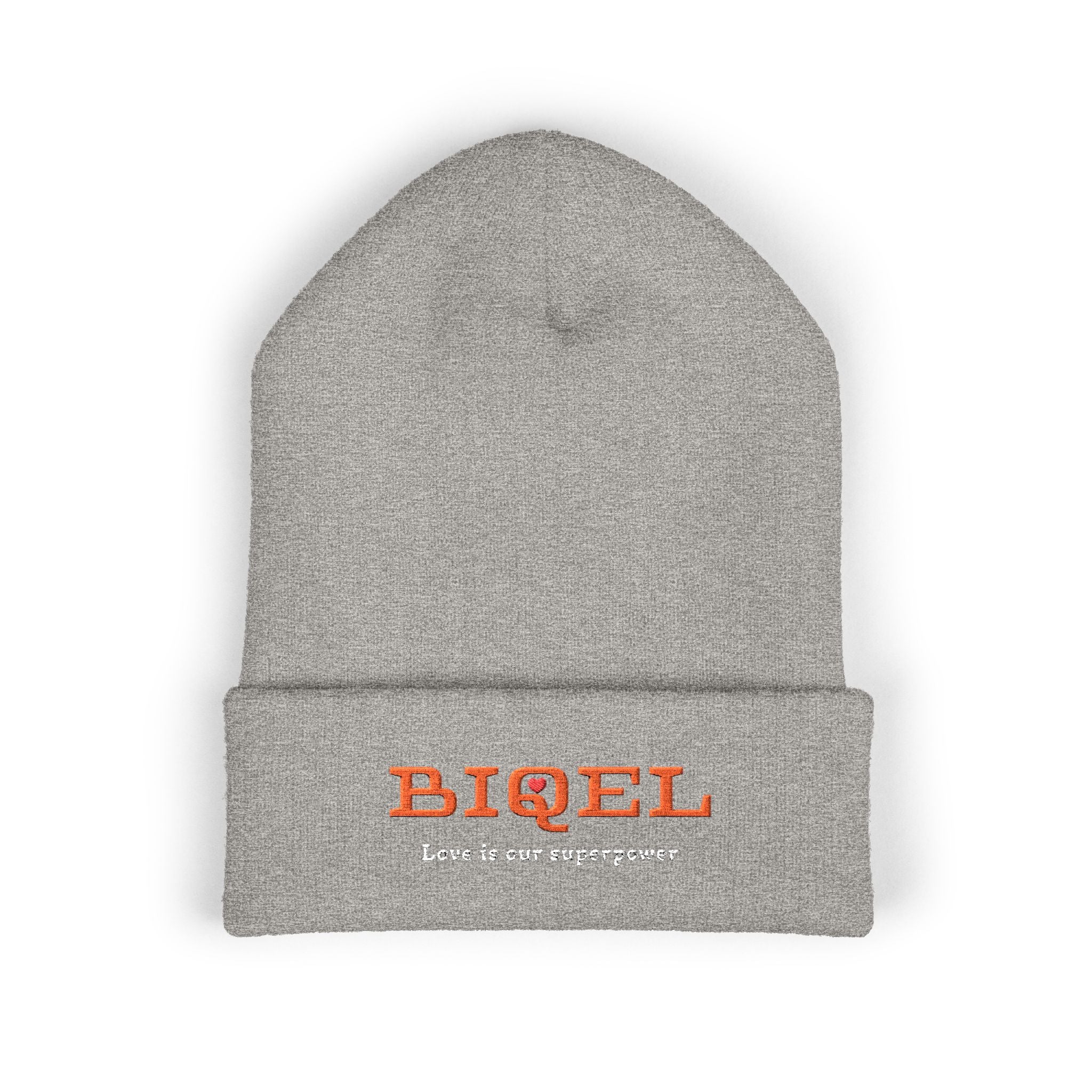 Embroidered "BIQEL" Cuffed Beanie – "Love Is Our Superpower" Winter Knit Hat