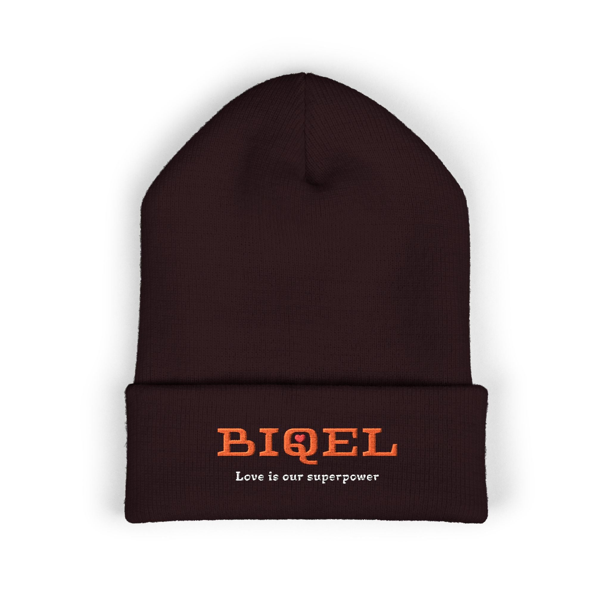 Embroidered "BIQEL" Cuffed Beanie – "Love Is Our Superpower" Winter Knit Hat