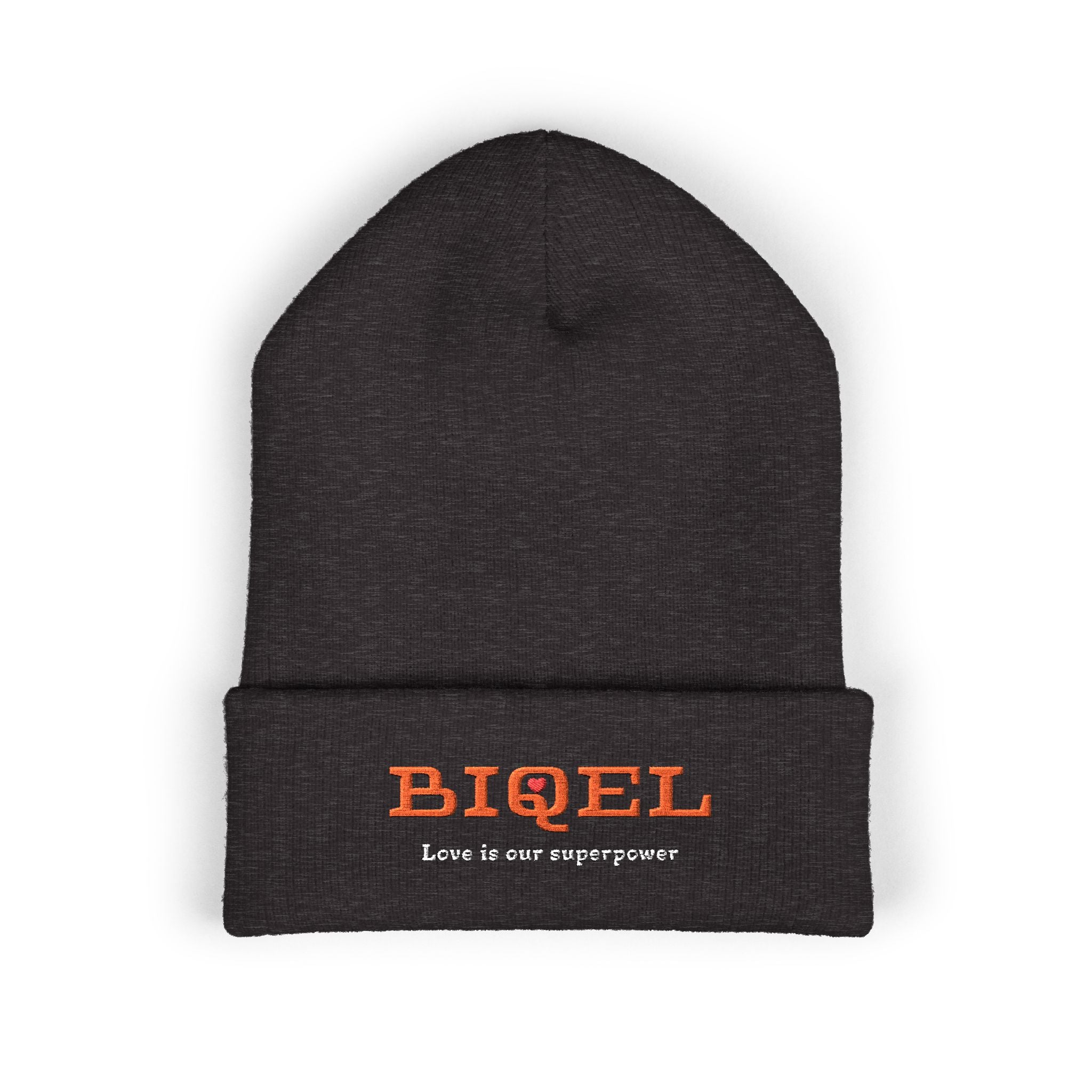 Embroidered "BIQEL" Cuffed Beanie – "Love Is Our Superpower" Winter Knit Hat
