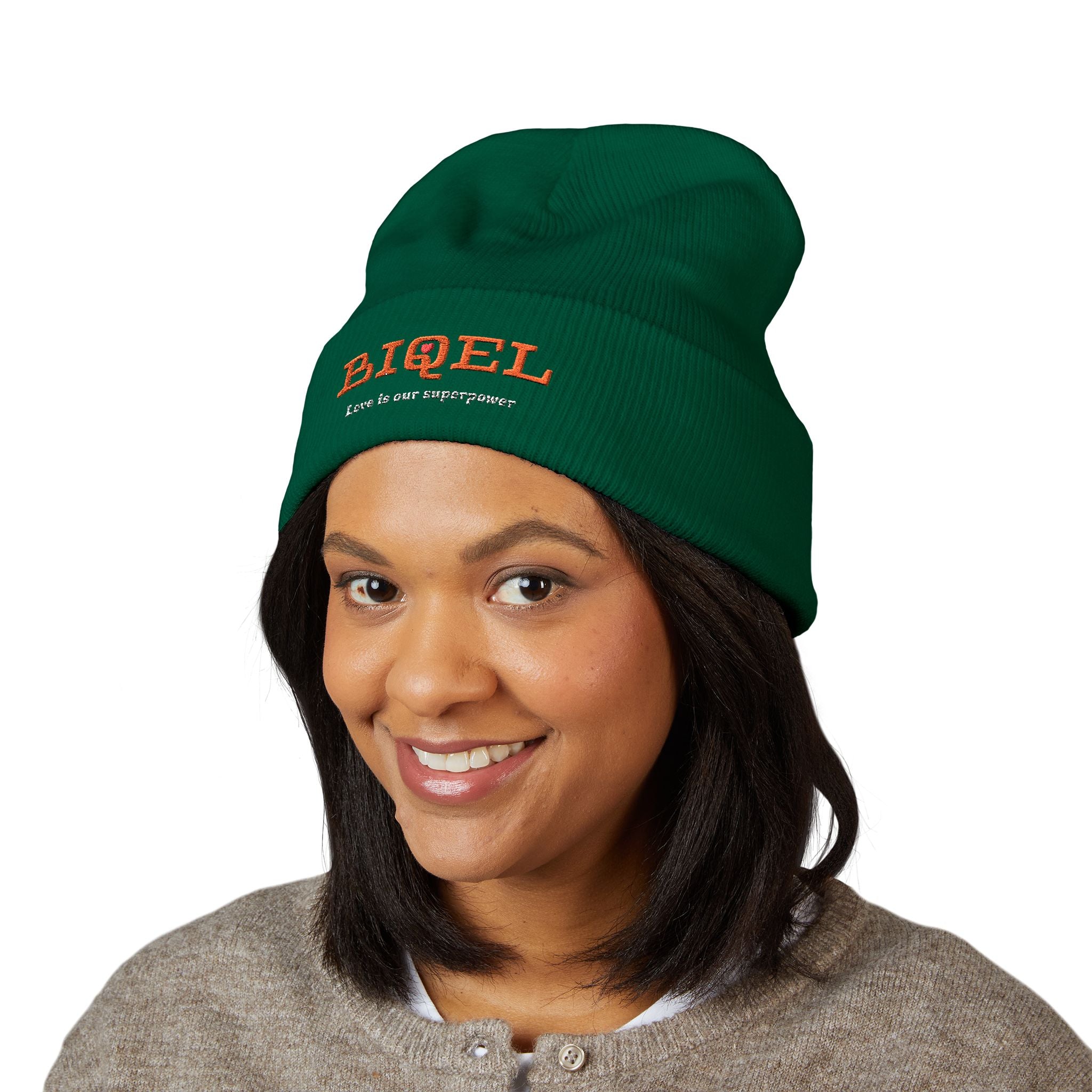 Embroidered "BIQEL" Cuffed Beanie – "Love Is Our Superpower" Winter Knit Hat