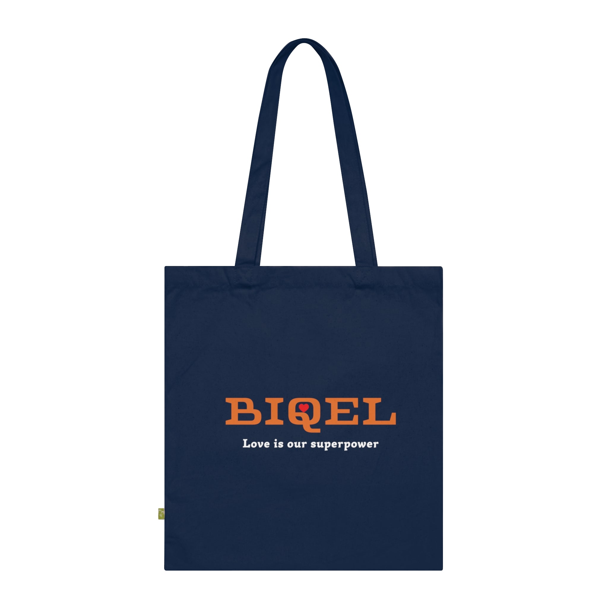 BIQEL Organic Cotton Tote Bag — "Love is Our Superpower" Navy Reusable Market Bag