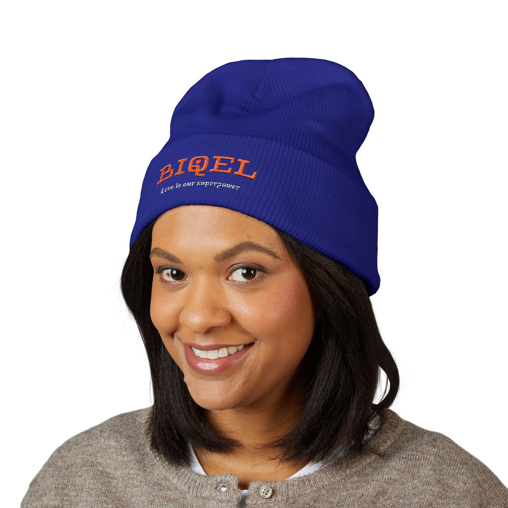 Embroidered "BIQEL" Cuffed Beanie – "Love Is Our Superpower" Winter Knit Hat