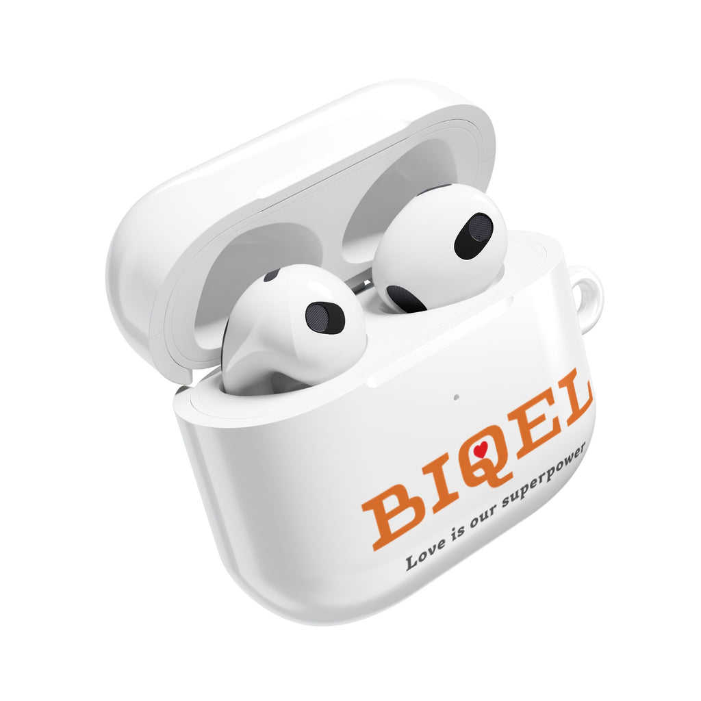 AirPod Case — Biquel Logo "Love is our superpower" — Cute Protective Wireless Earbud Cover