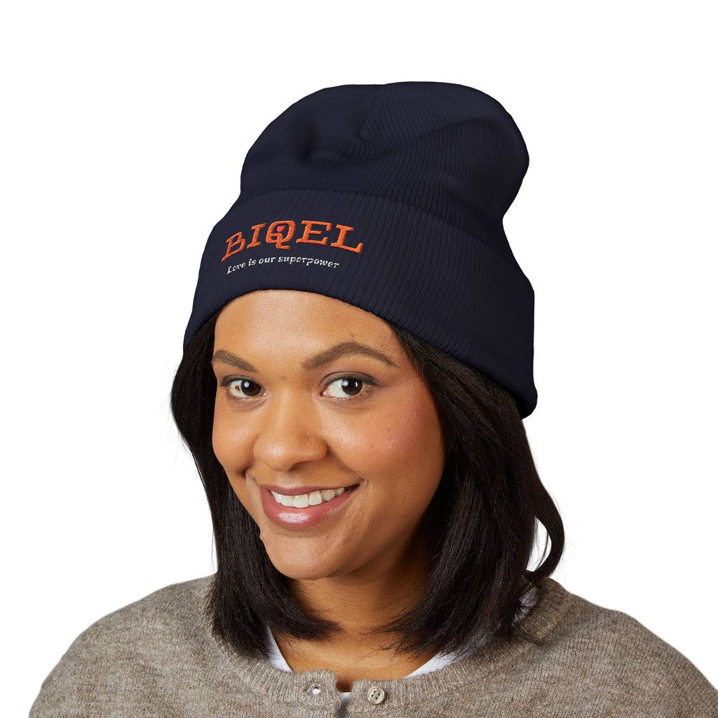 Embroidered "BIQEL" Cuffed Beanie – "Love Is Our Superpower" Winter Knit Hat