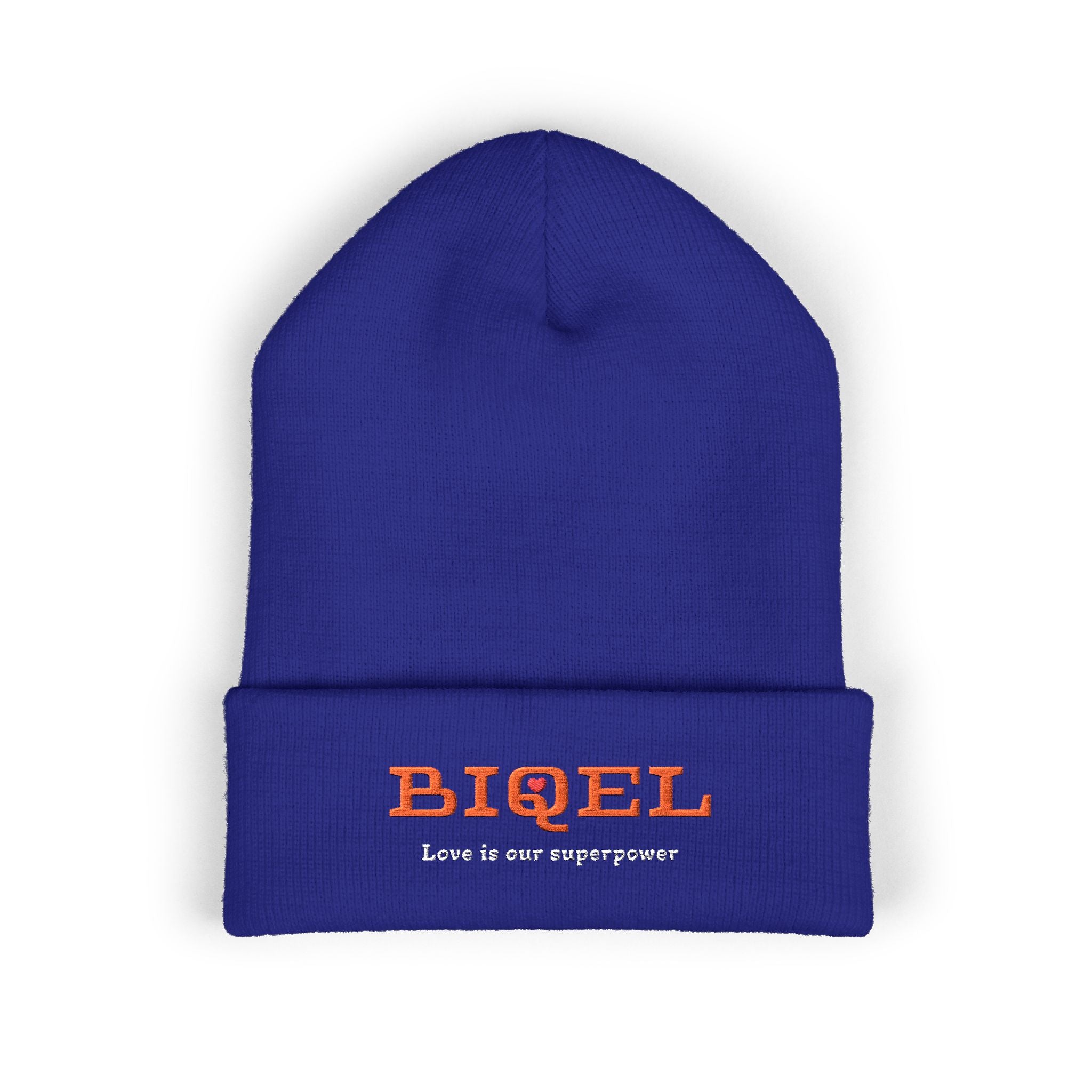 Embroidered "BIQEL" Cuffed Beanie – "Love Is Our Superpower" Winter Knit Hat