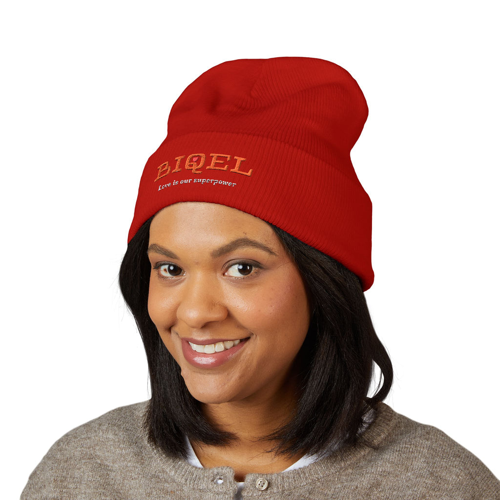 Embroidered "BIQEL" Cuffed Beanie – "Love Is Our Superpower" Winter Knit Hat