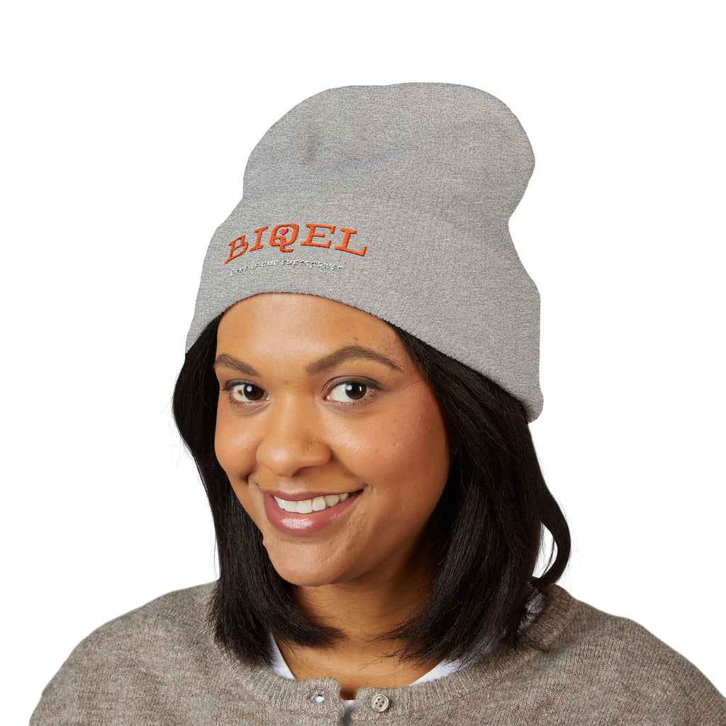 Embroidered "BIQEL" Cuffed Beanie – "Love Is Our Superpower" Winter Knit Hat