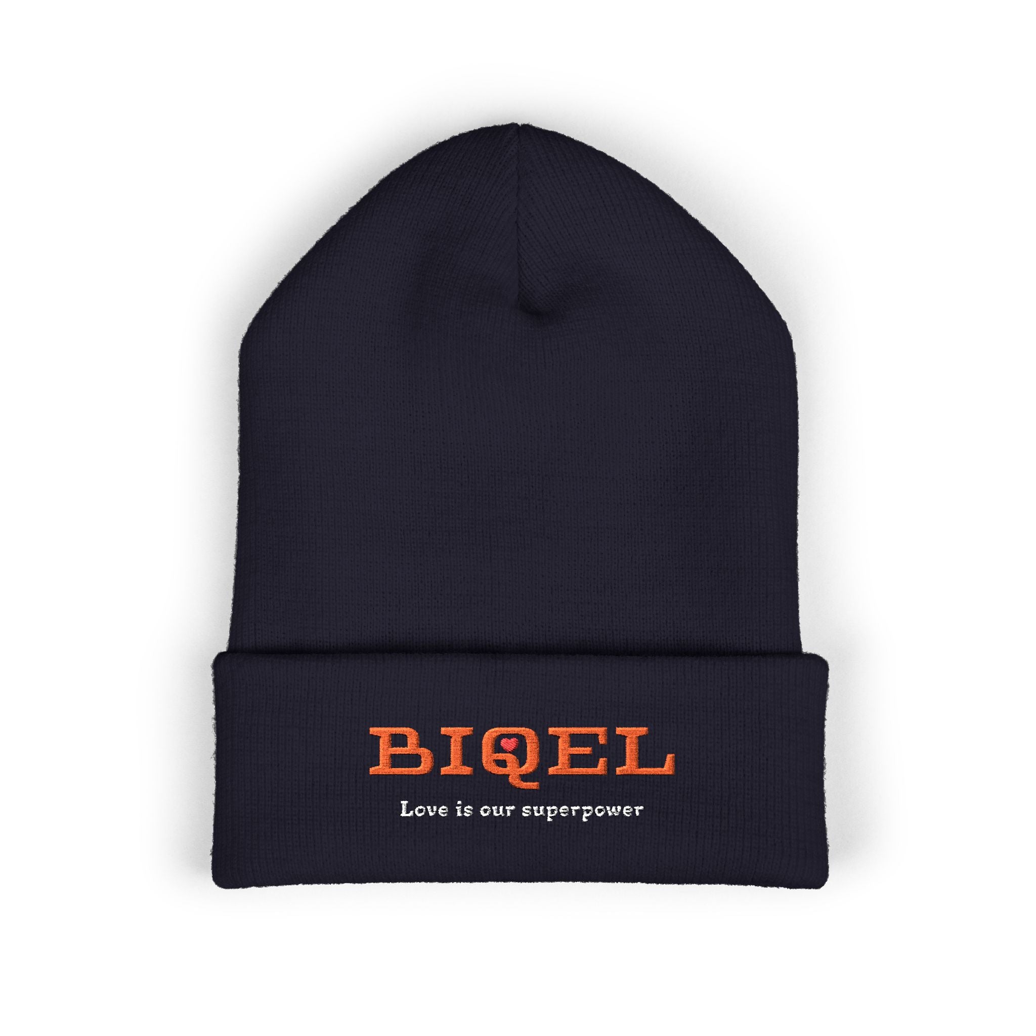 Embroidered "BIQEL" Cuffed Beanie – "Love Is Our Superpower" Winter Knit Hat