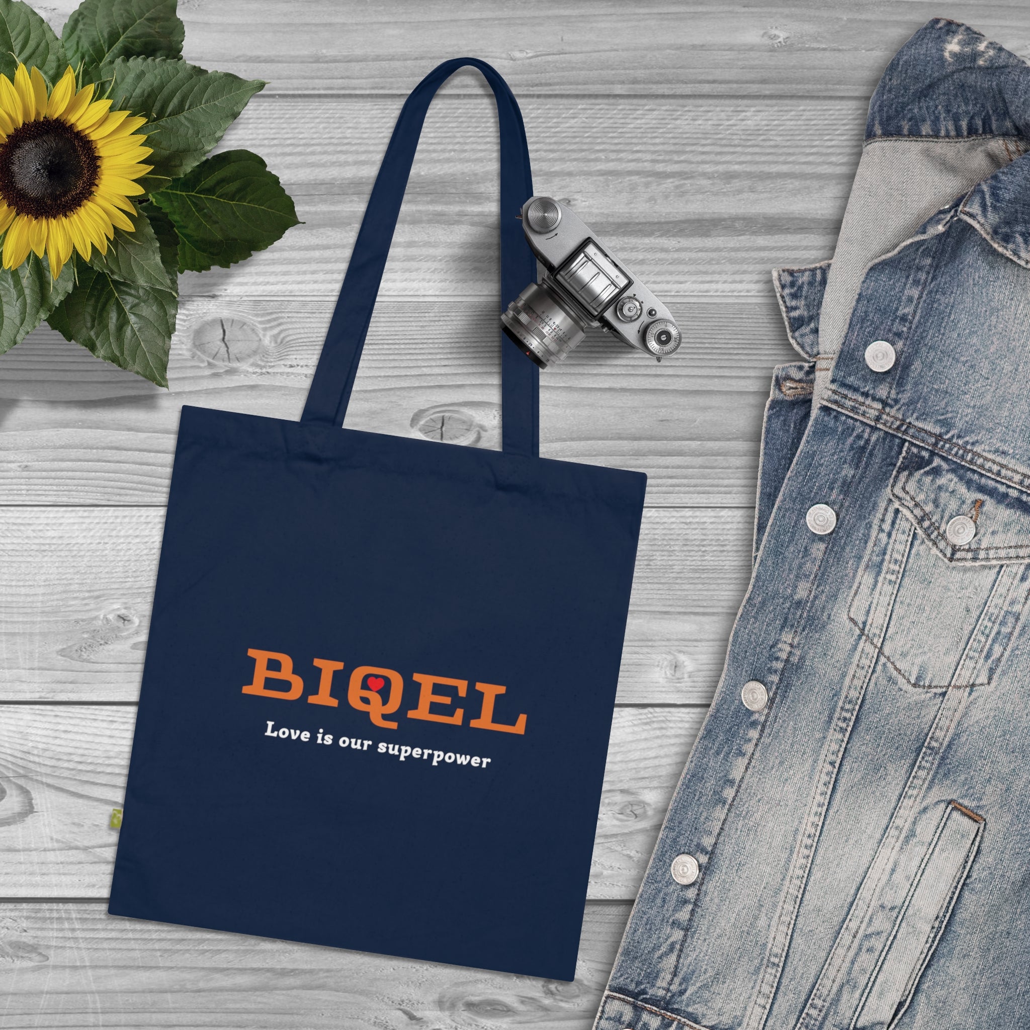 BIQEL Organic Cotton Tote Bag — "Love is Our Superpower" Navy Reusable Market Bag