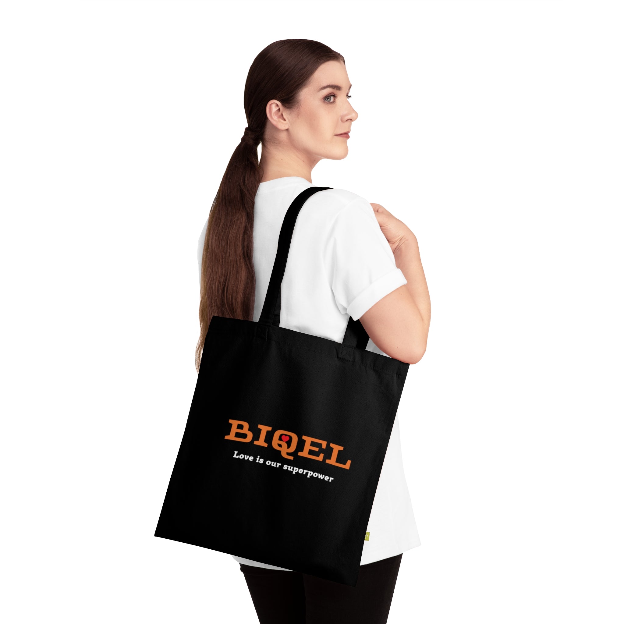 BIQEL Organic Cotton Tote Bag — "Love is Our Superpower" Navy Reusable Market Bag