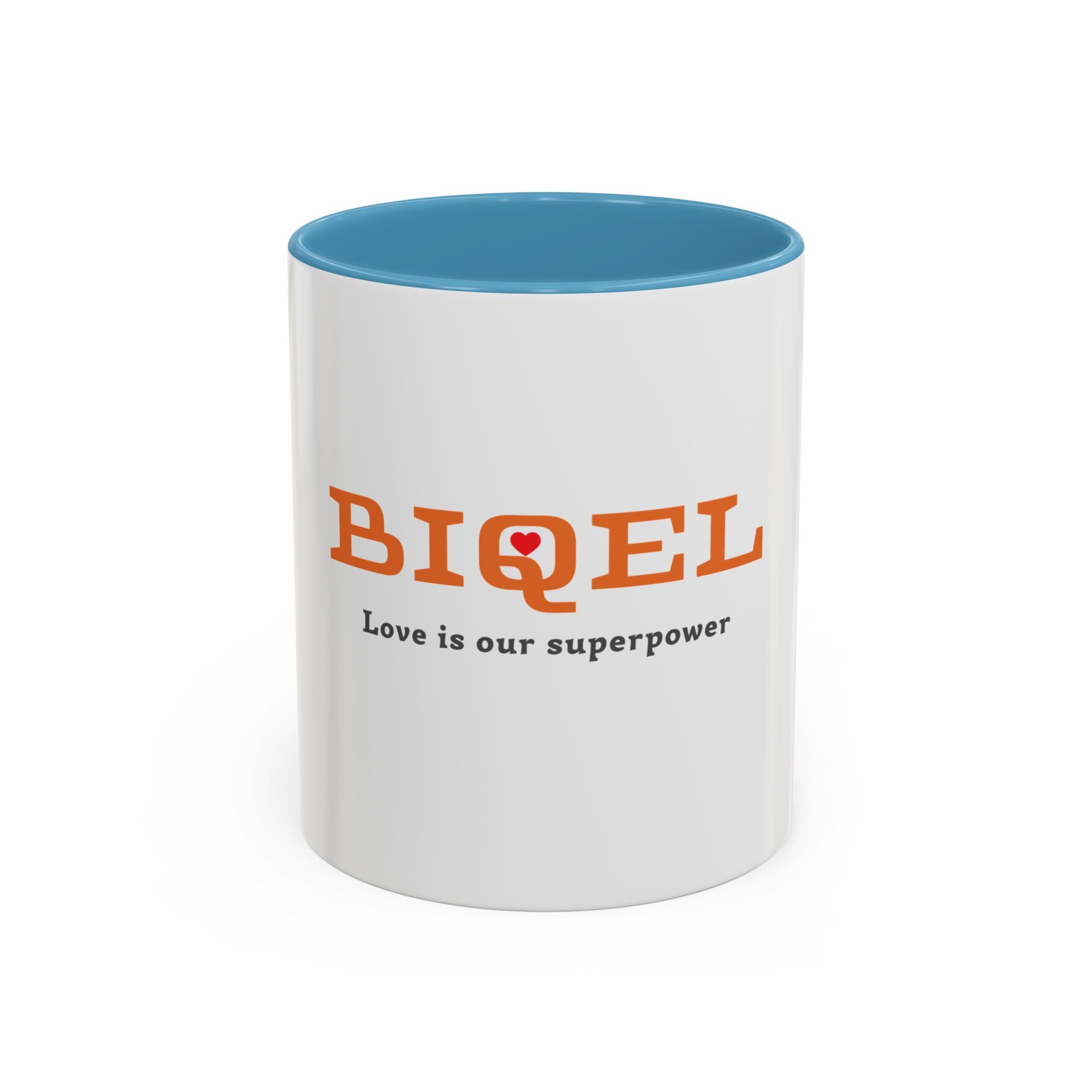 BIQEL Accent Coffee Mug – "Love is our superpower" Inspirational Coffee Cup