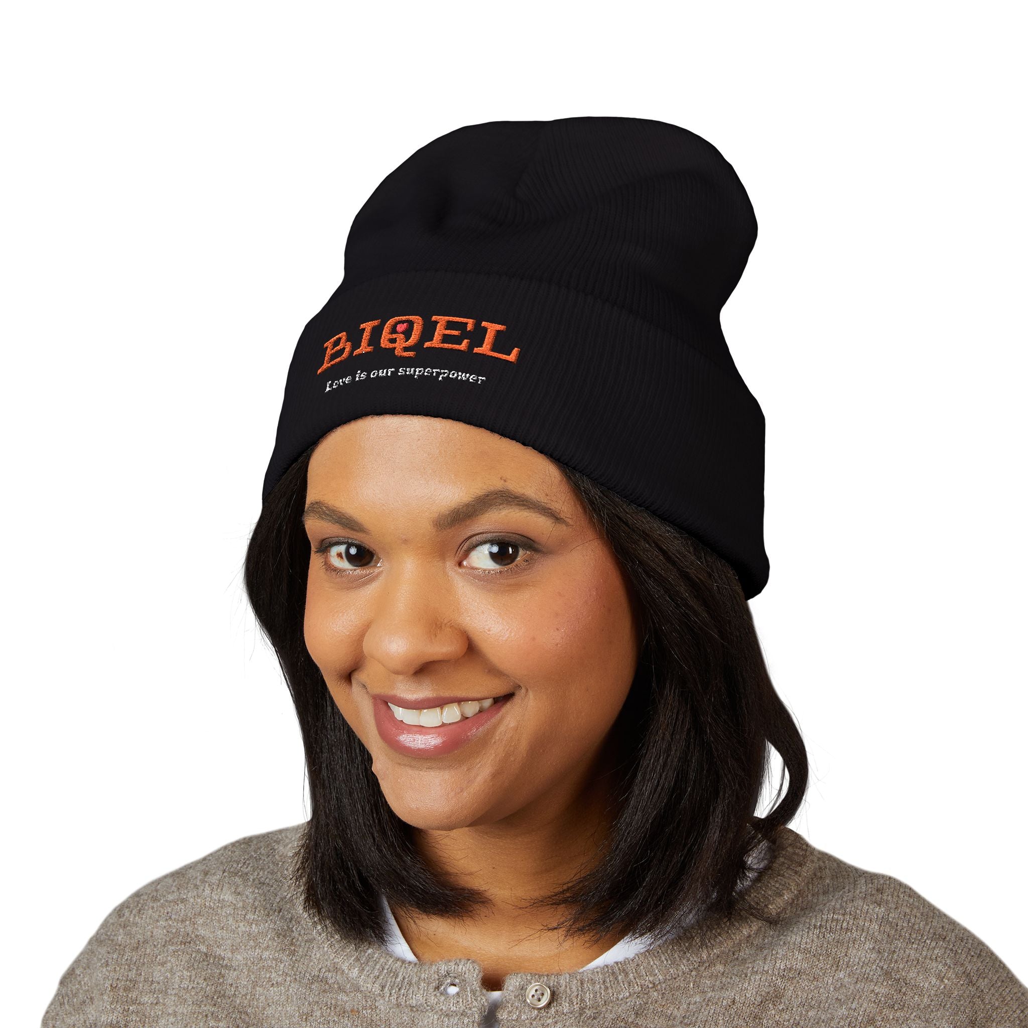 Embroidered "BIQEL" Cuffed Beanie – "Love Is Our Superpower" Winter Knit Hat